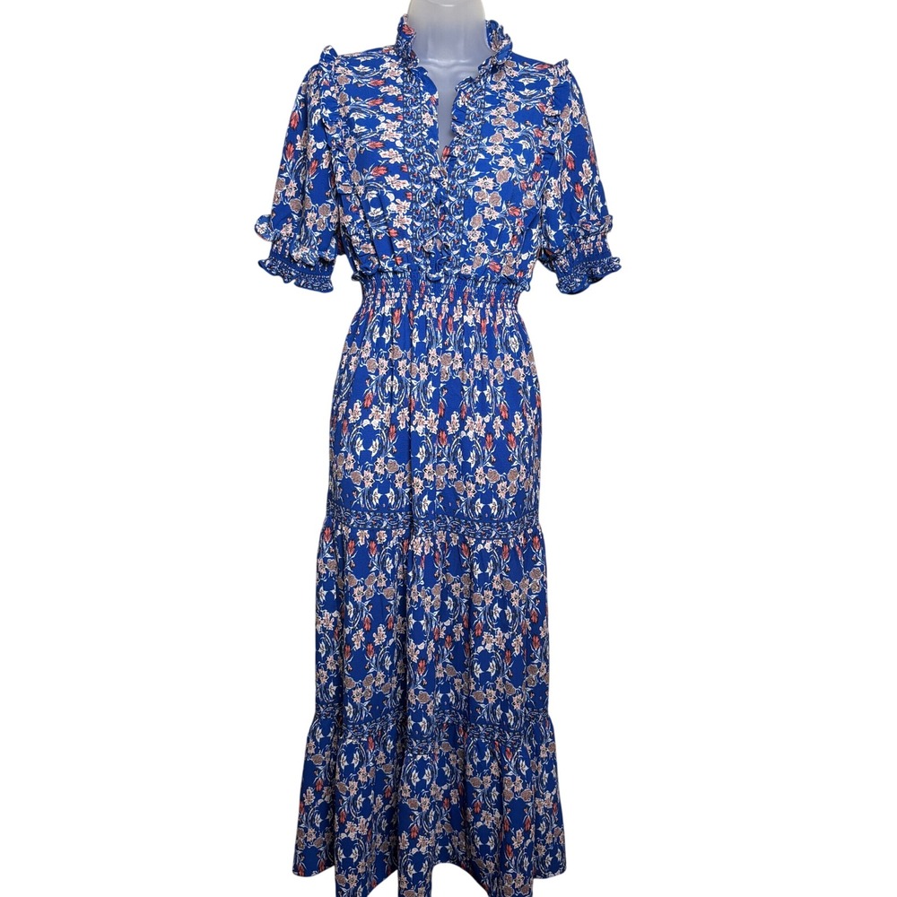 Max Studio Blue Floral Smocked Waist V-Neck Tiered Ruffle Maxi Dress Women Small